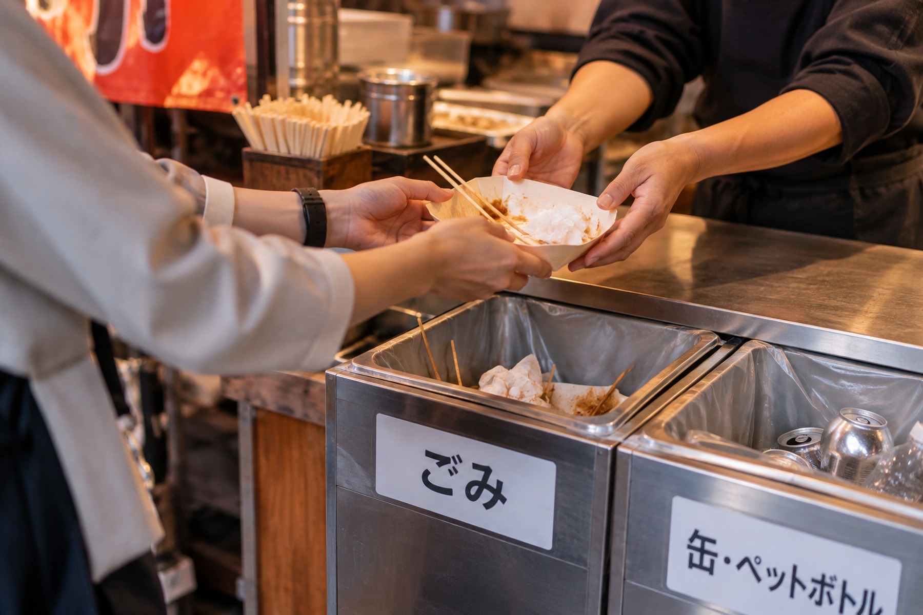 Customer returning a used street food tray beside labeled waste bins