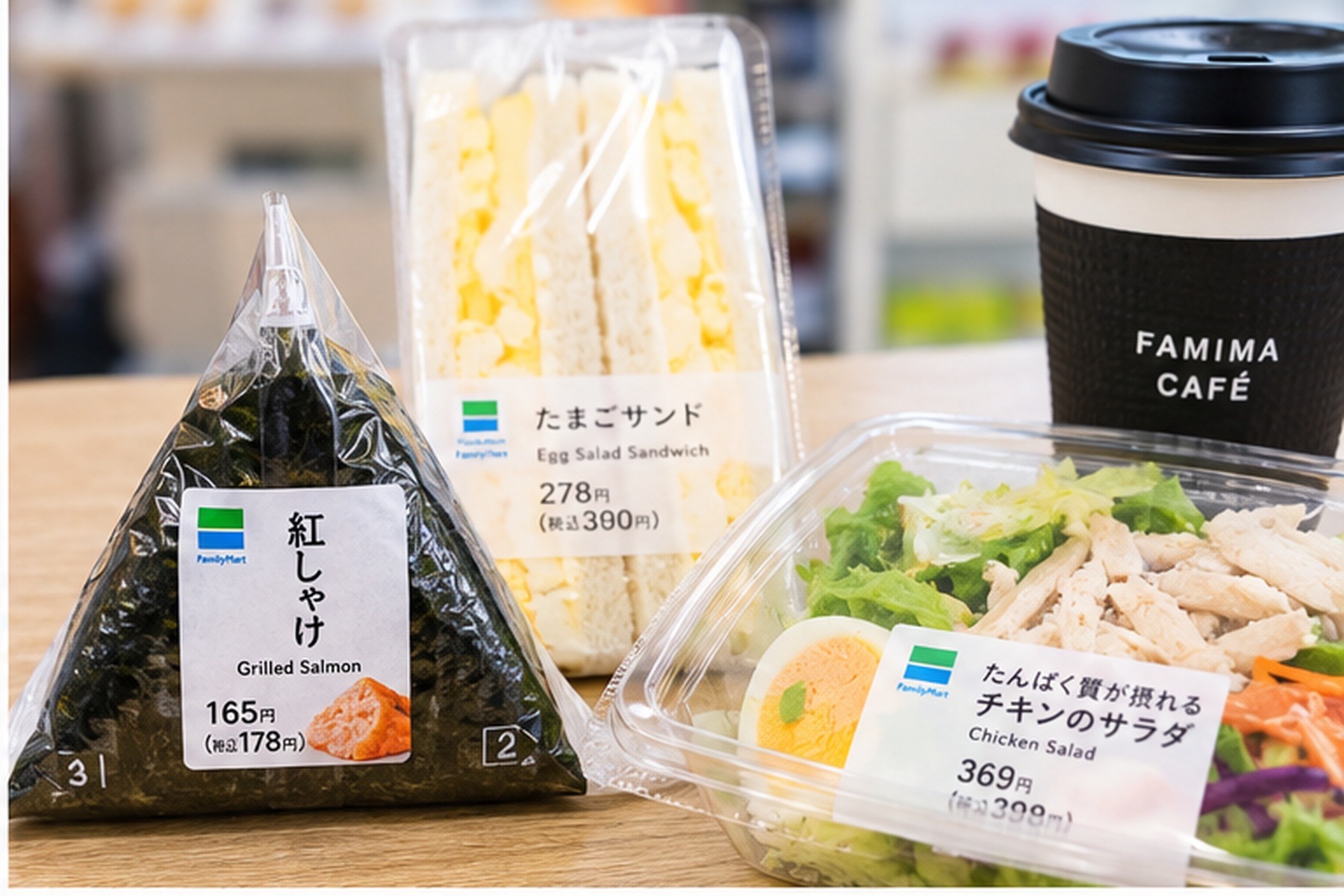 Onigiri, egg sandwich, chicken salad and coffee from a Japanese convenience store