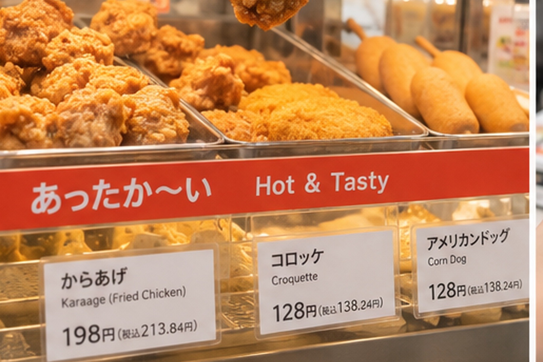 Hot fried chicken and croquettes in a Japanese convenience store food case