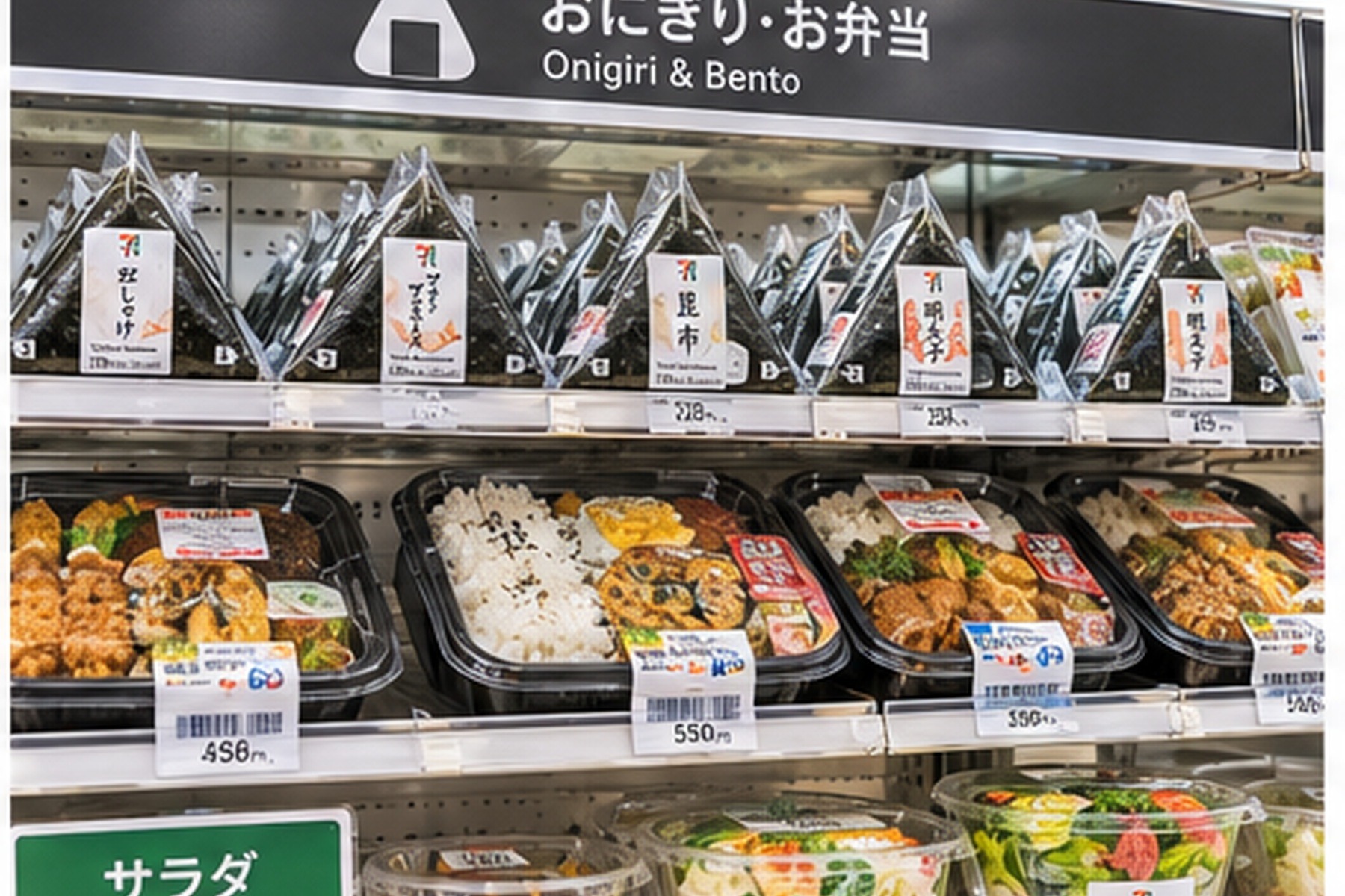 Refrigerated shelf with onigiri, bento meals and salads in a Japanese convenience store