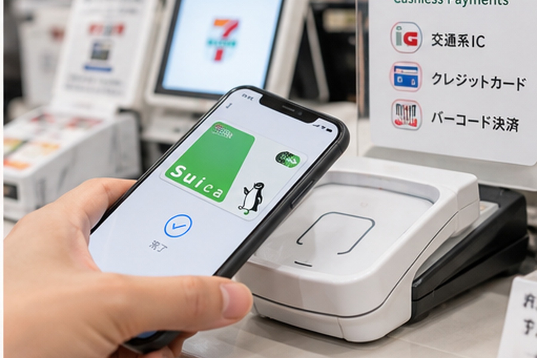 Customer using a smartphone Suica payment at a Japanese convenience store terminal