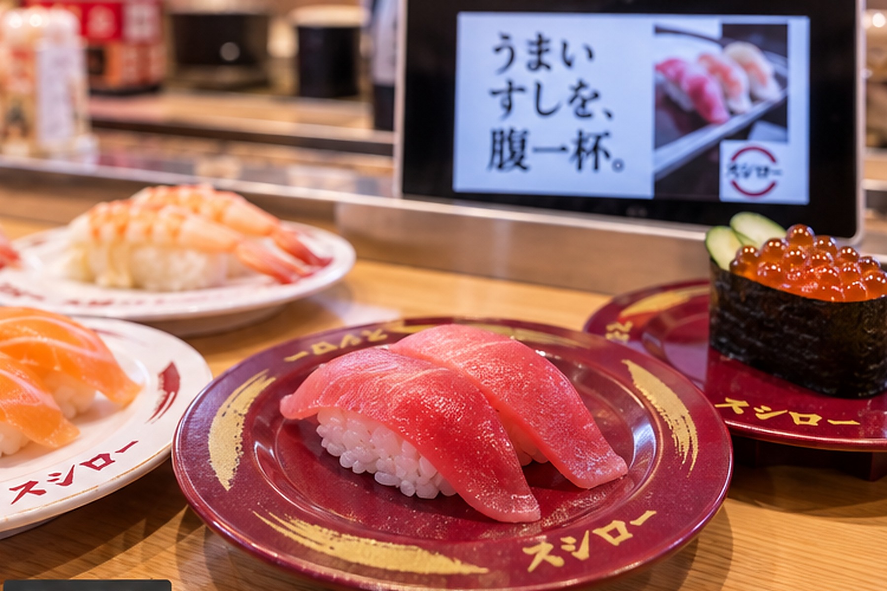 Tuna nigiri and other sushi plates at a Japanese sushi chain