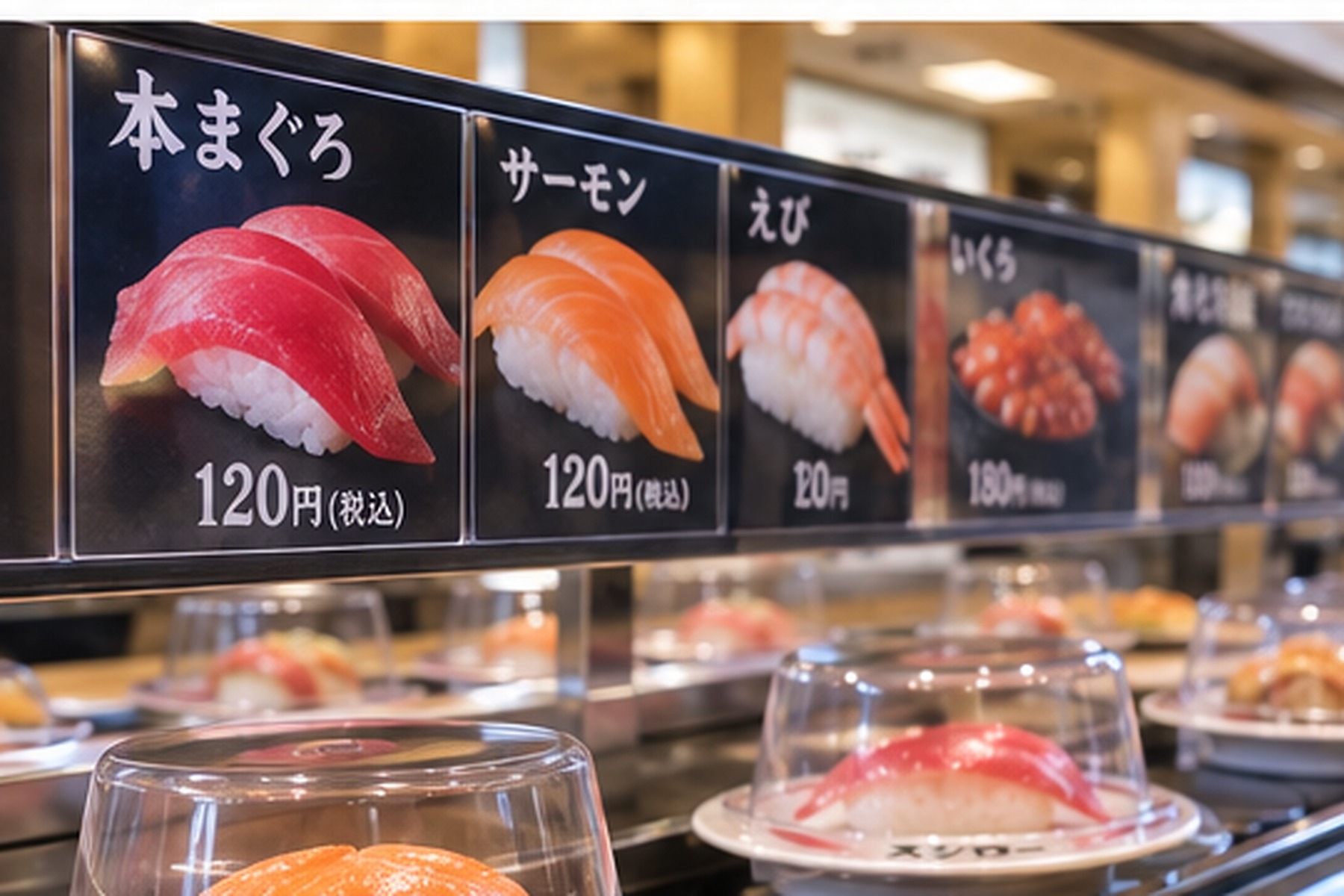 Sushi plates moving along a conveyor lane at a Japanese chain restaurant