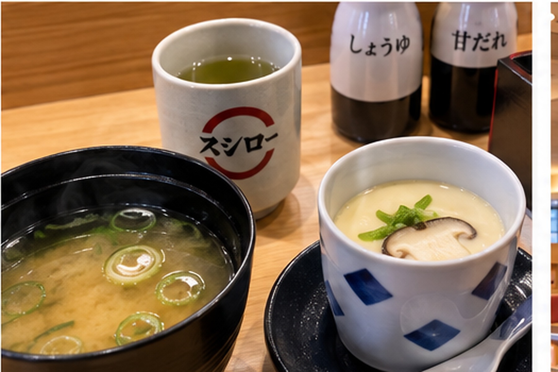 Green tea, miso soup and chawanmushi at a Japanese sushi chain