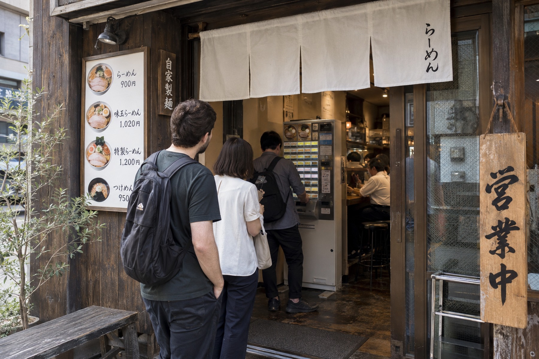 Travelers waiting beside a ramen shop entrance with a meal-ticket machine inside