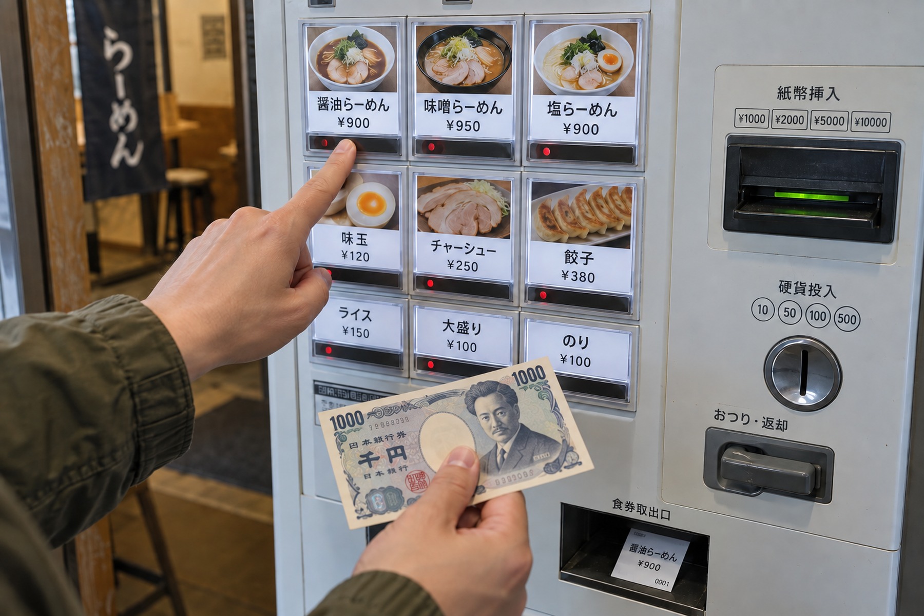 Diner pressing the shoyu ramen button on a Japanese meal-ticket vending machine