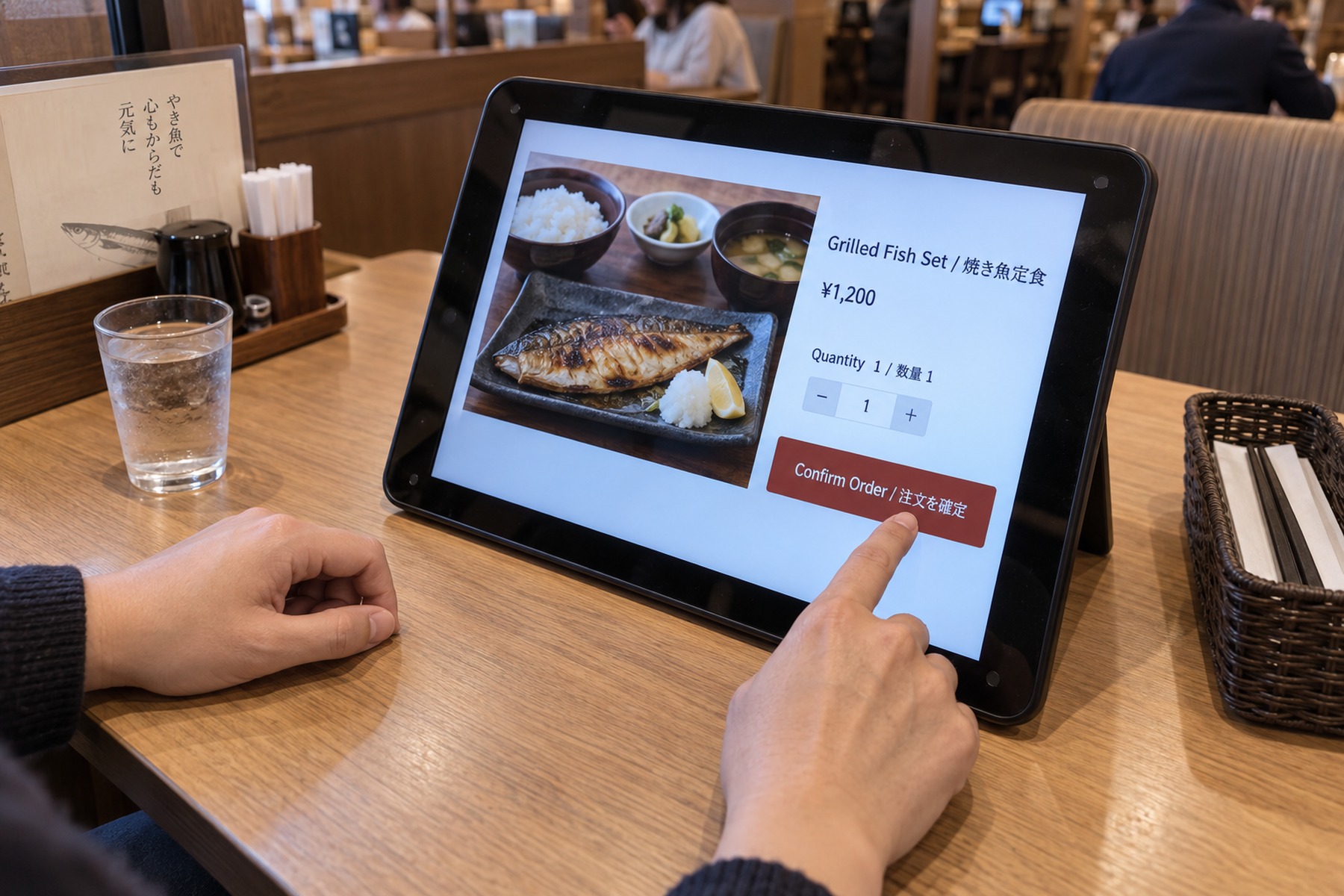Diner confirming a grilled fish set meal on a bilingual restaurant tablet in Japan