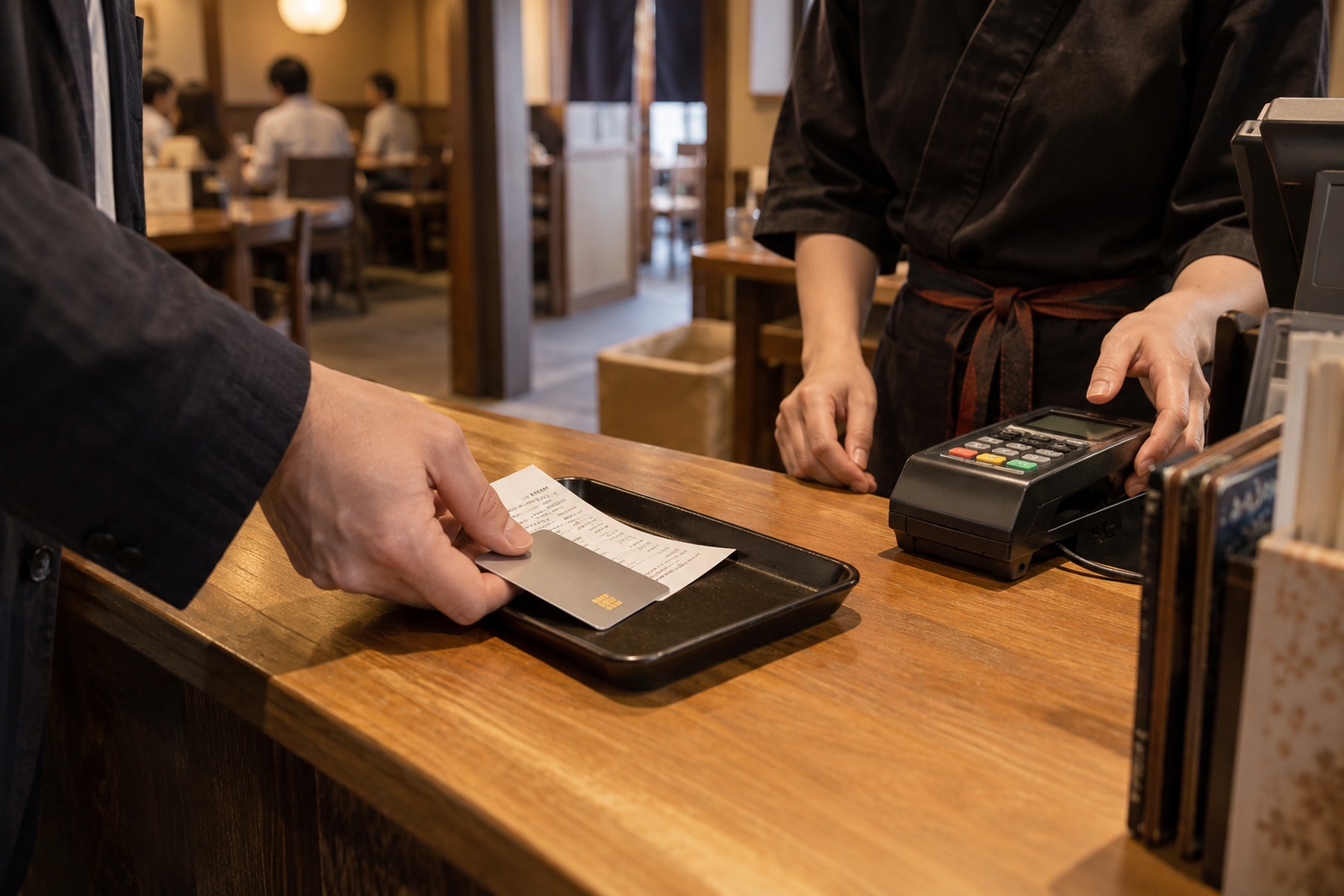 Customer placing a restaurant bill slip and card on a payment tray at a Japanese cashier