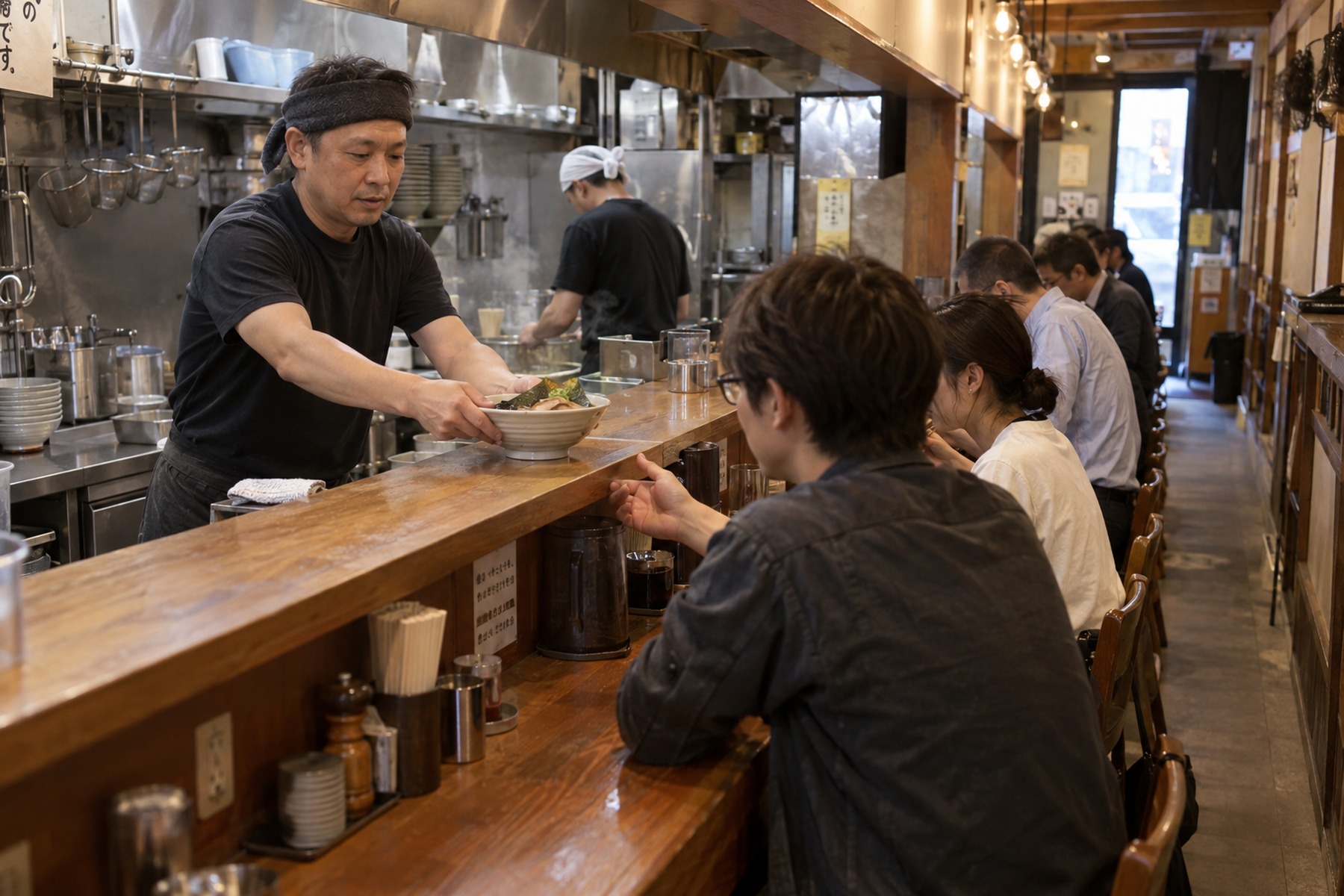 Ramen cook serving a bowl to a diner across a wooden counter in Japan
