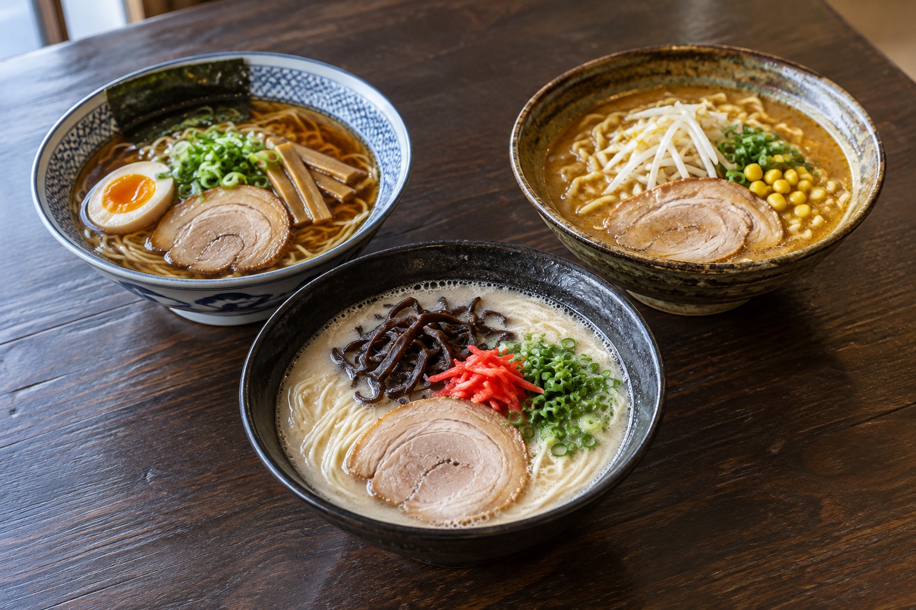 Shoyu, miso and tonkotsu ramen bowls arranged side by side for comparison