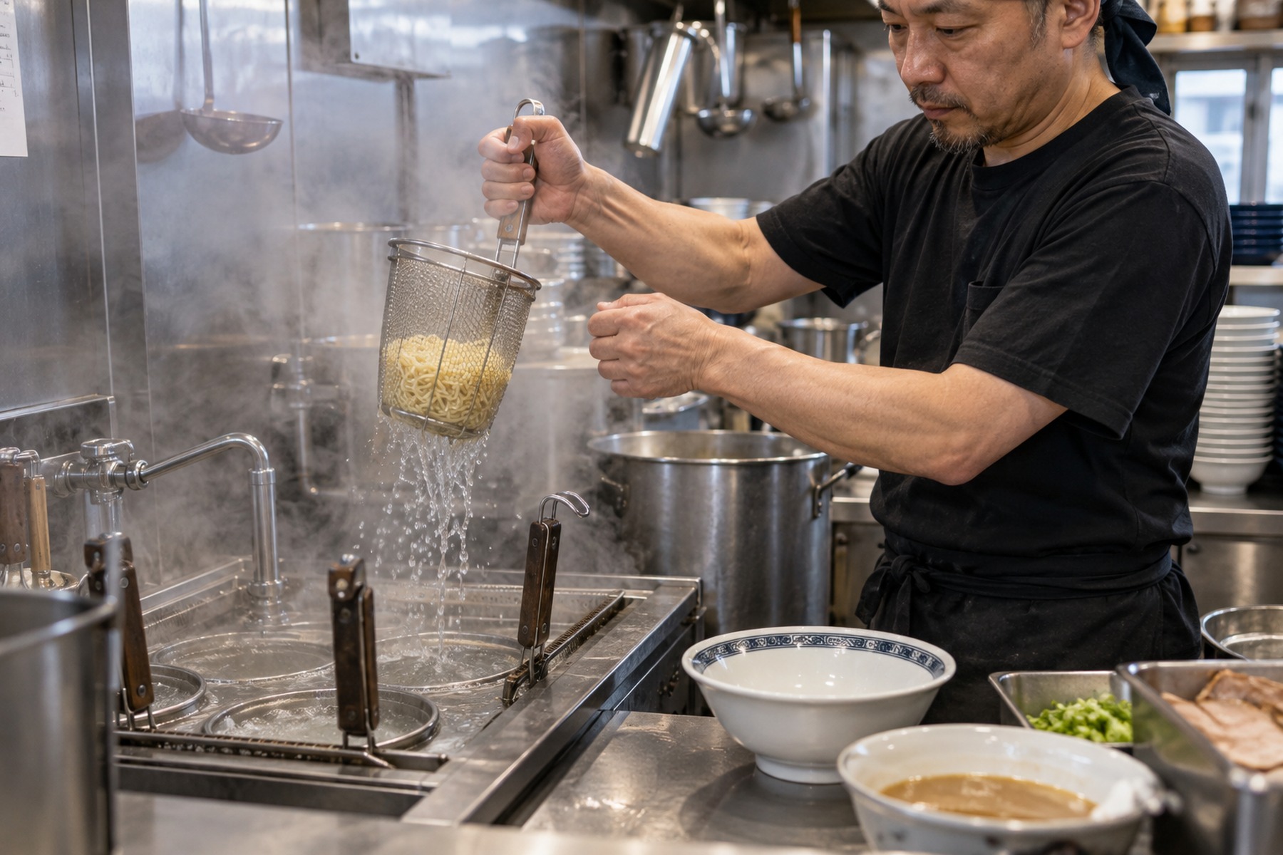 Ramen cook draining noodles from a wire basket over a boiling noodle cooker