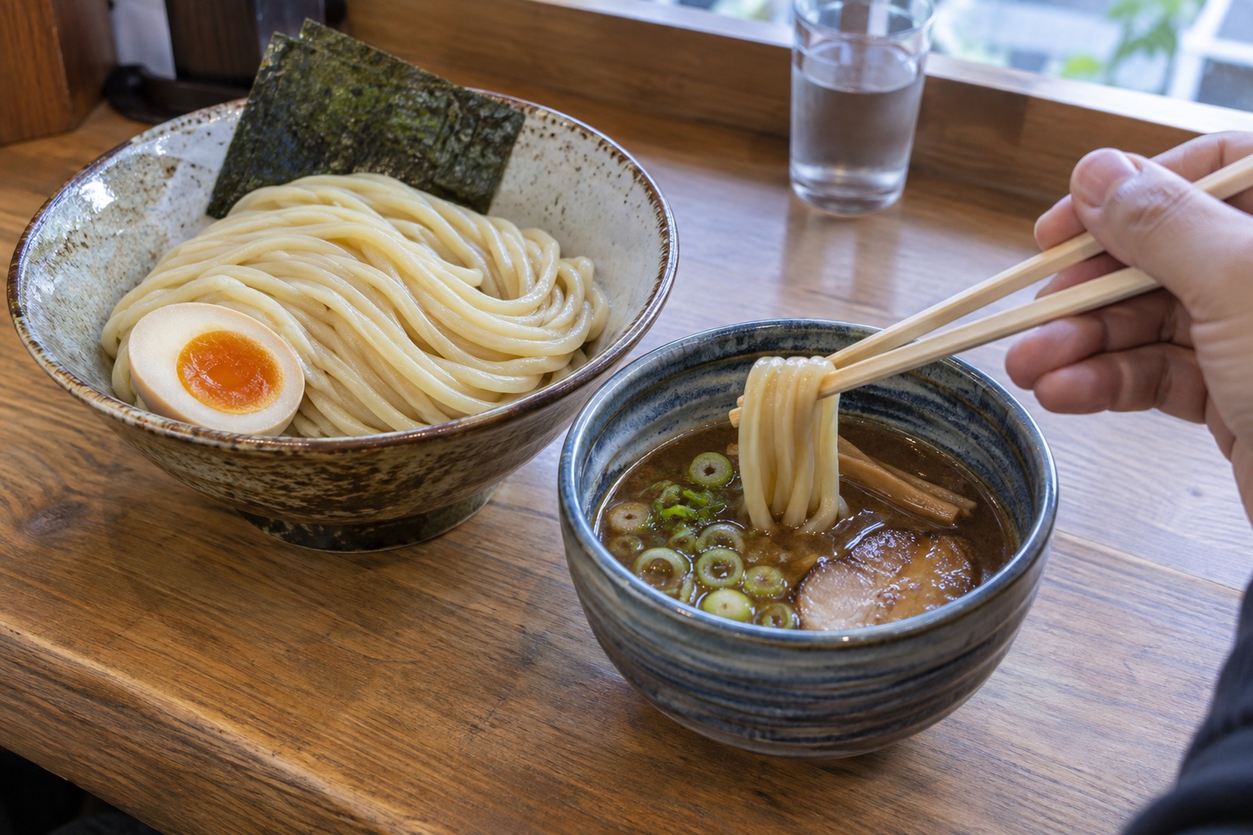 Diner dipping thick tsukemen noodles into a separate bowl of concentrated broth