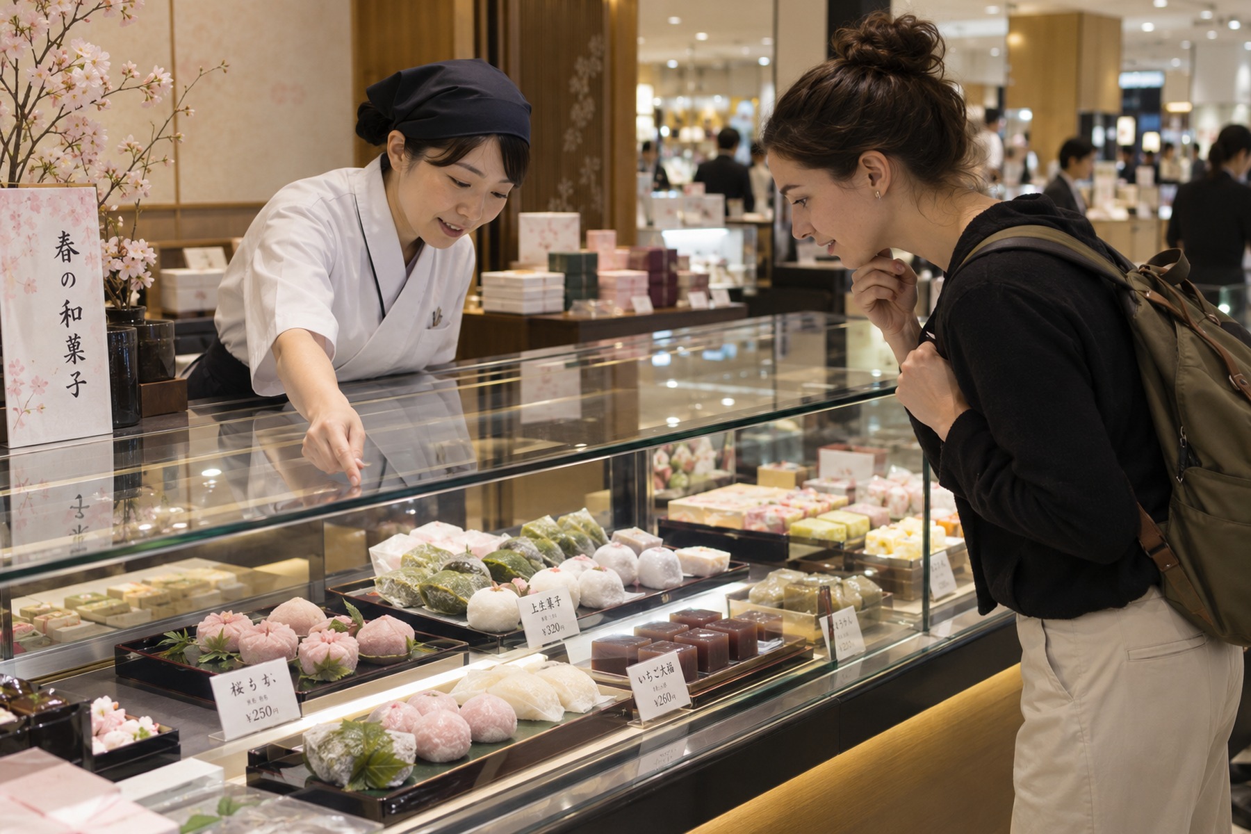 Traveler choosing seasonal wagashi at a Japanese department-store food hall