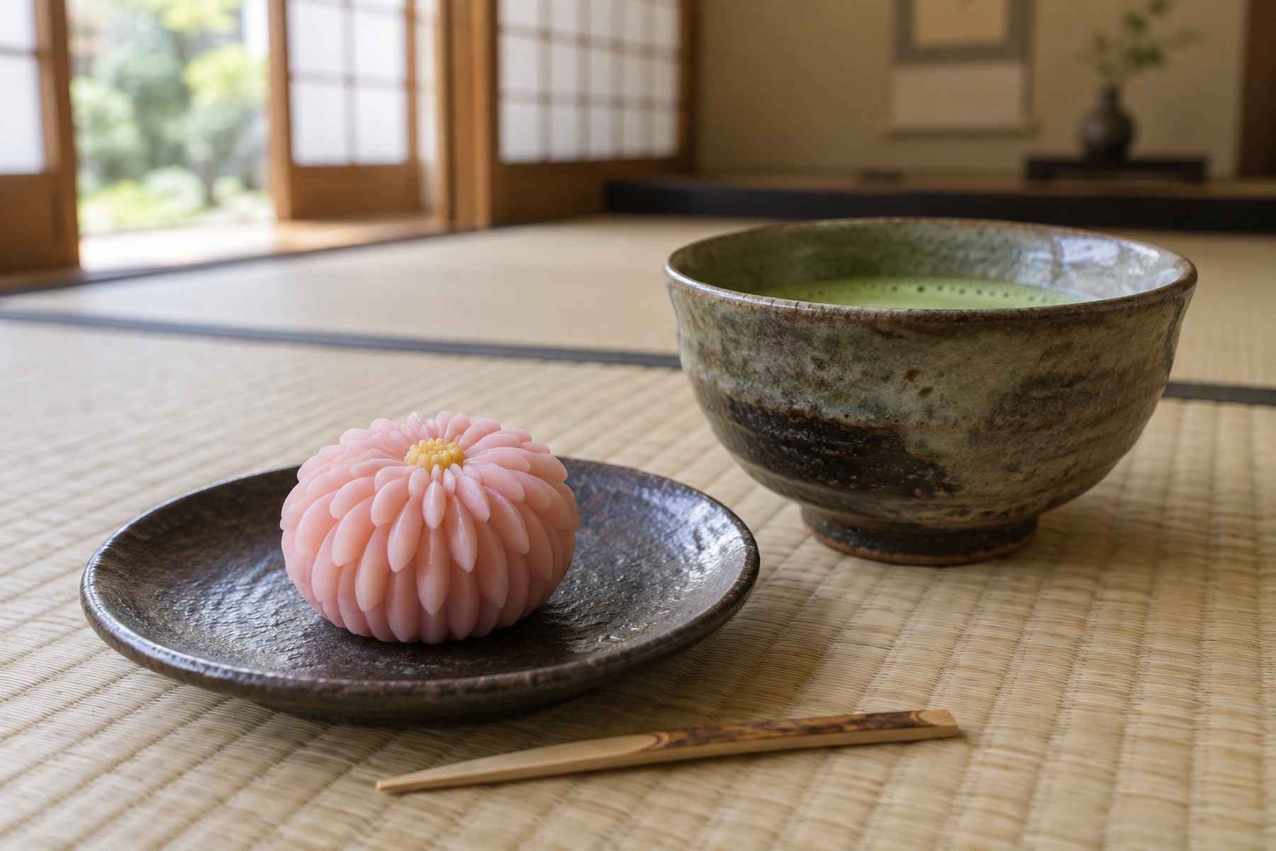 Pink seasonal nerikiri wagashi served with a bowl of matcha in a tatami tea room