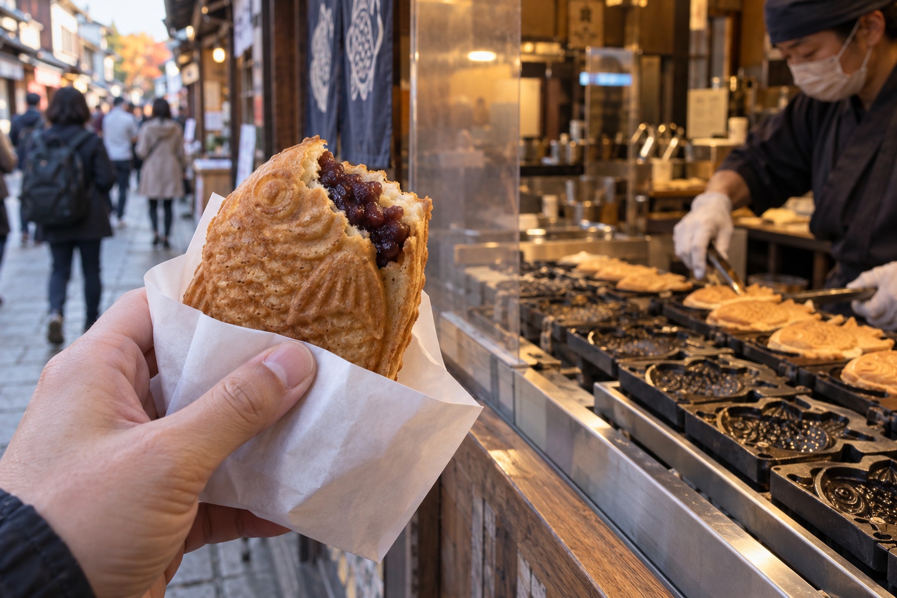 Fresh taiyaki with red bean filling held beside a Japanese street stall and fish-shaped molds