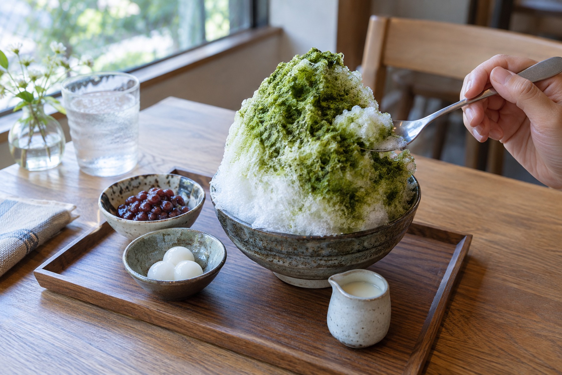 Matcha kakigori with red beans, shiratama and condensed milk at a Japanese café