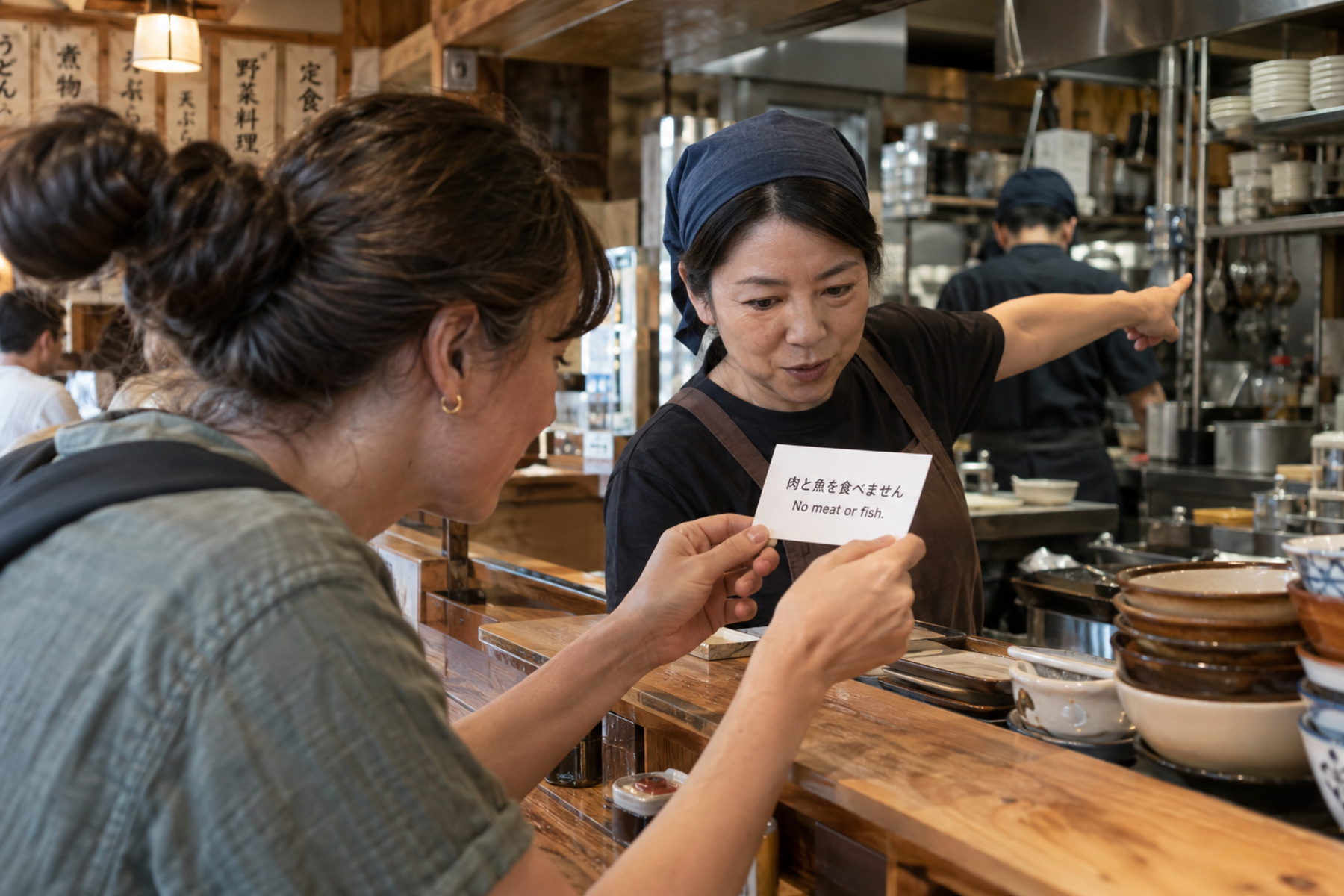 Traveler showing a vegetarian dietary card to a restaurant server in Japan