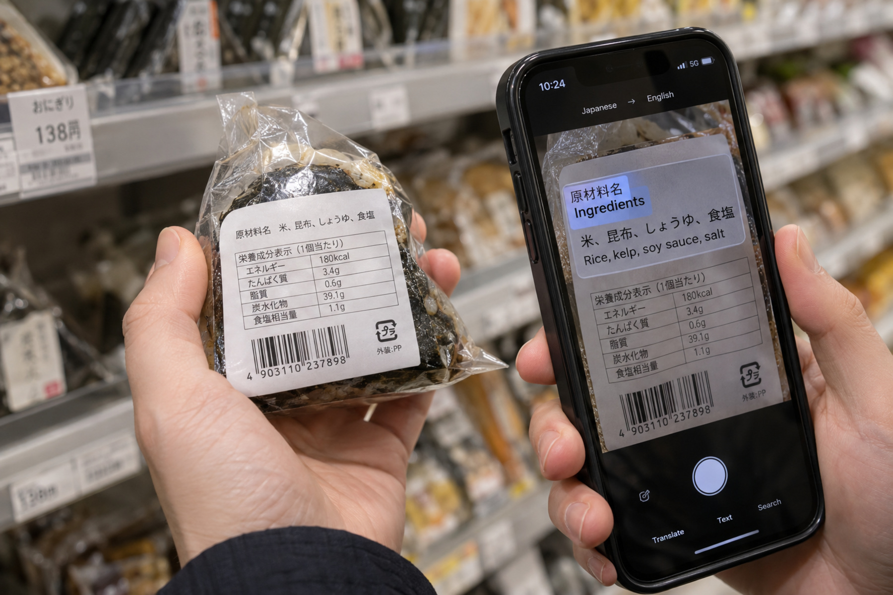 Traveler checking a Japanese packaged-food ingredient label with a phone