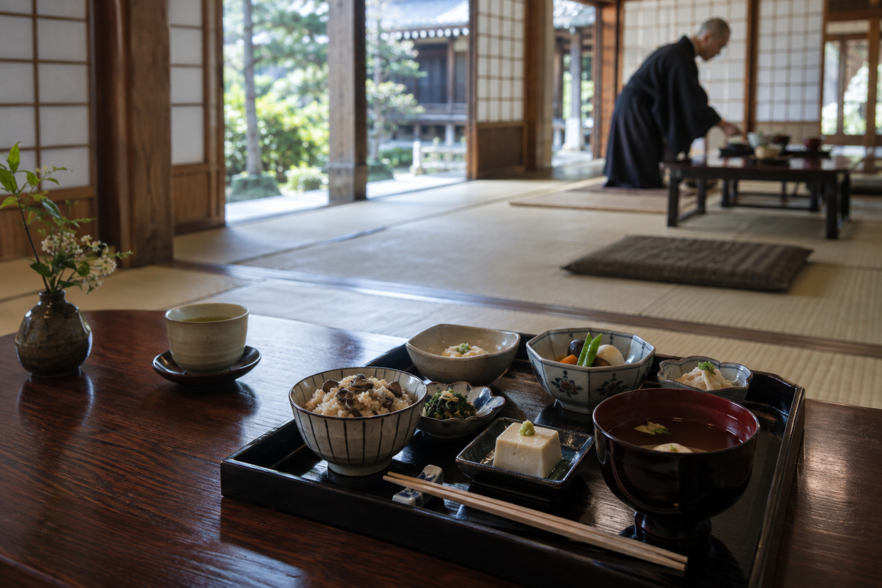 Shojin ryori dishes served in a quiet Japanese temple dining room