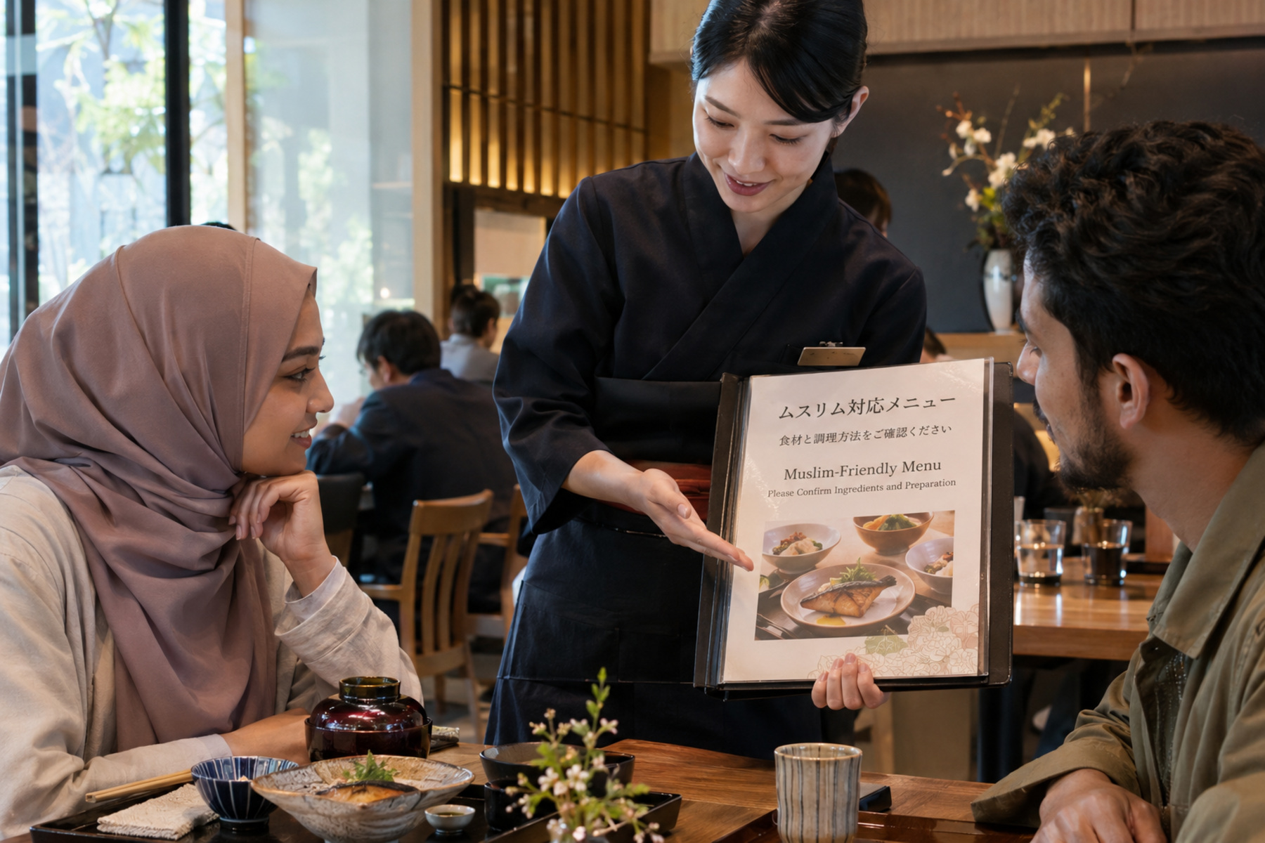 Muslim travelers reviewing a halal Japanese menu with restaurant staff