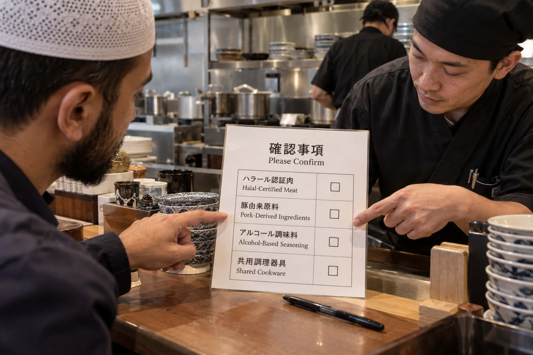 Restaurant staff explaining a Japanese disclosure card for meat, alcohol and cooking equipment