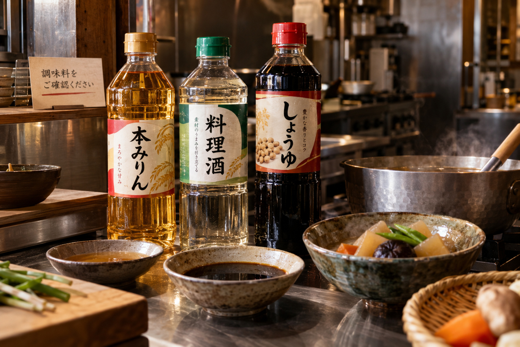 Japanese mirin, cooking sake and soy sauce bottles beside restaurant dishes