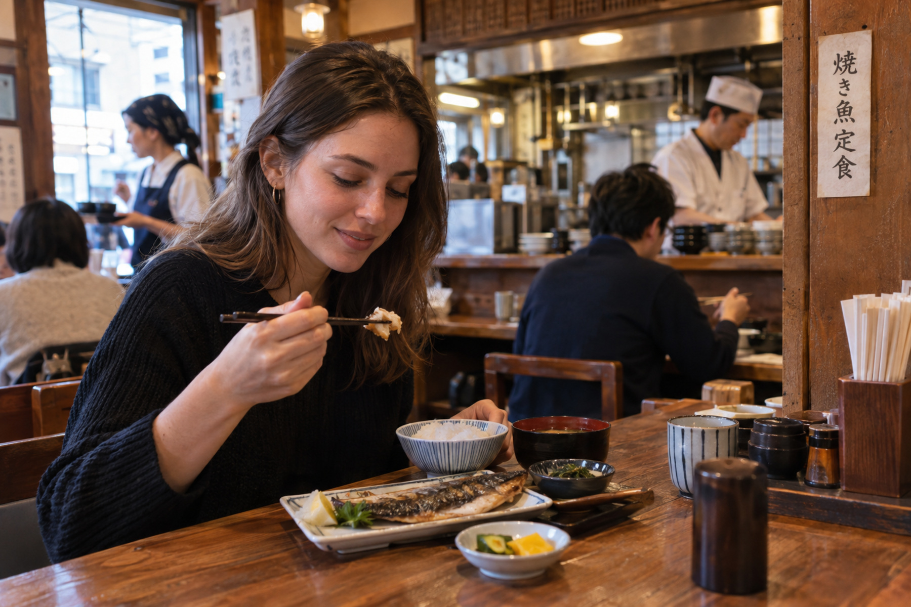 Traveler using chopsticks during a Japanese set meal in a casual restaurant