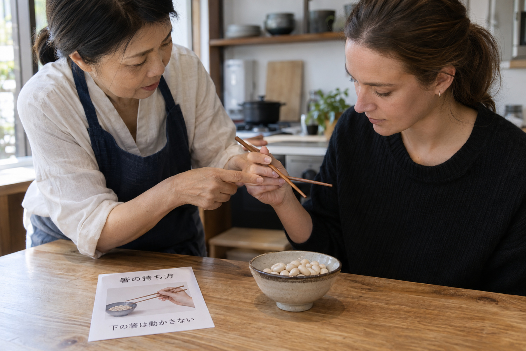 Cooking instructor helping a learner correct the position of two chopsticks