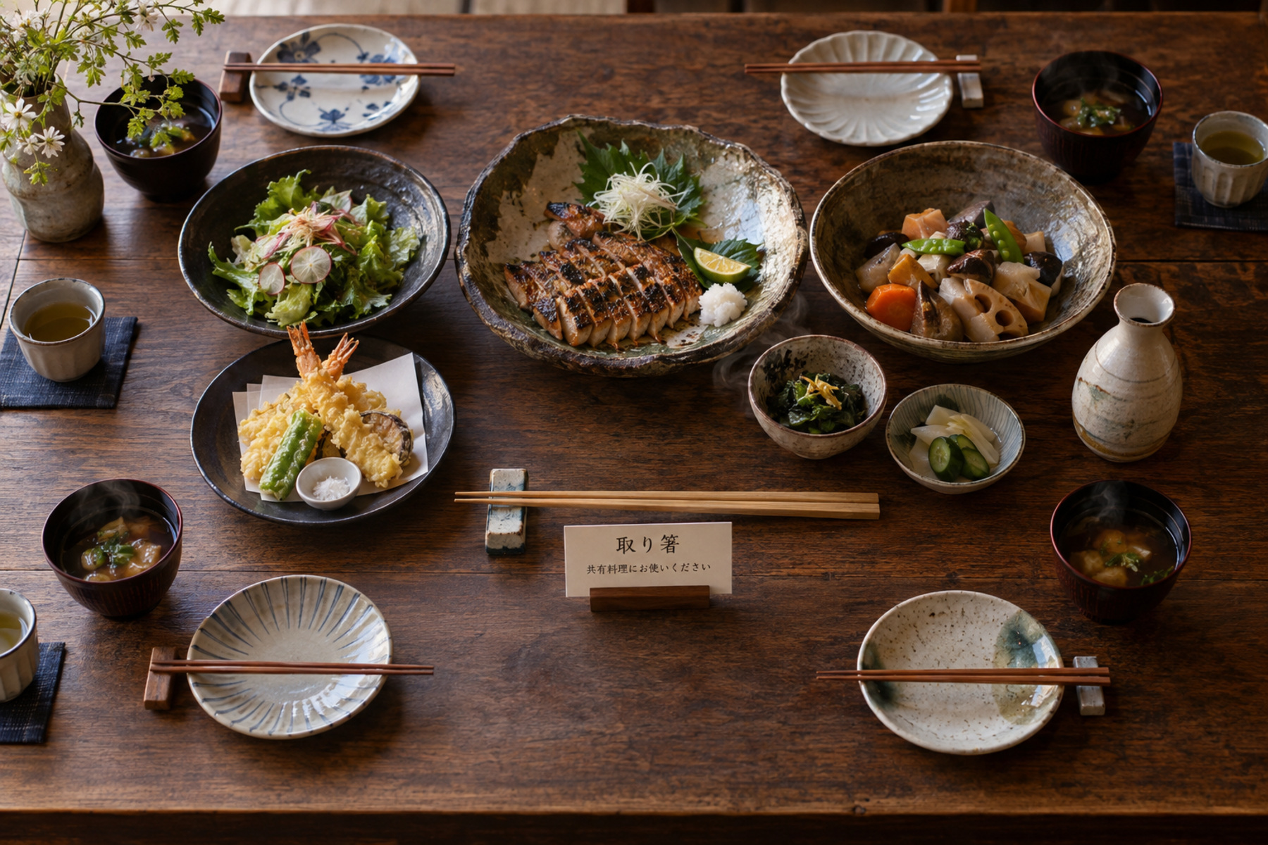Serving chopsticks resting beside a shared Japanese dish and separate personal place settings