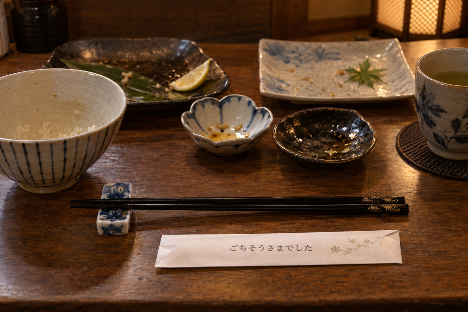 Reusable chopsticks aligned on a ceramic chopstick rest beside a Japanese place setting