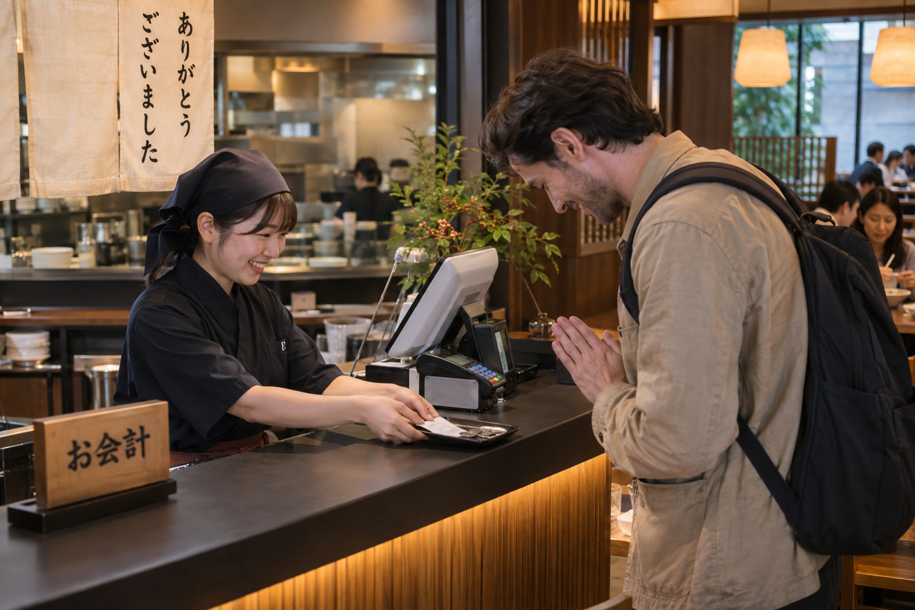 Traveler receiving change and thanking staff at a Japanese restaurant register