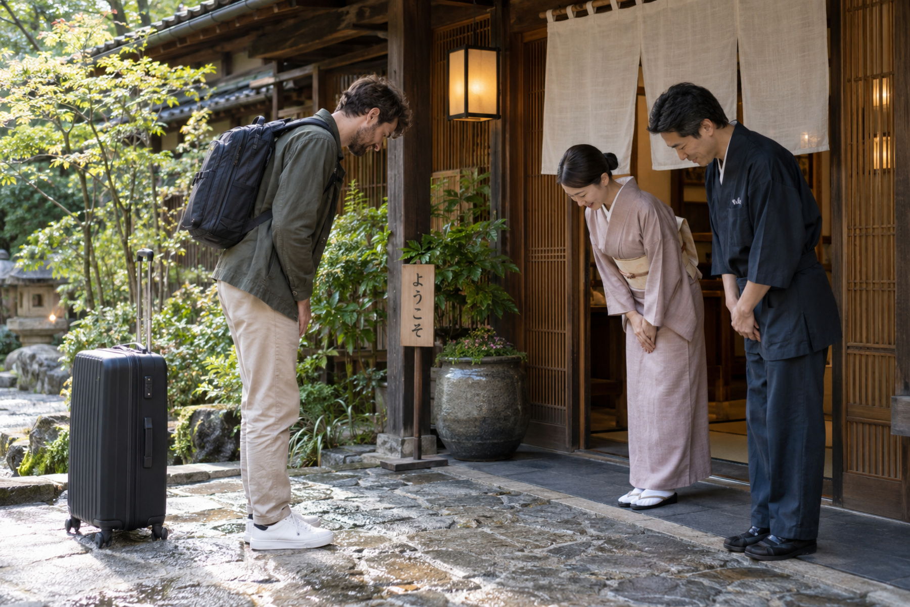 Ryokan guest and staff bowing at the entrance beside packed luggage