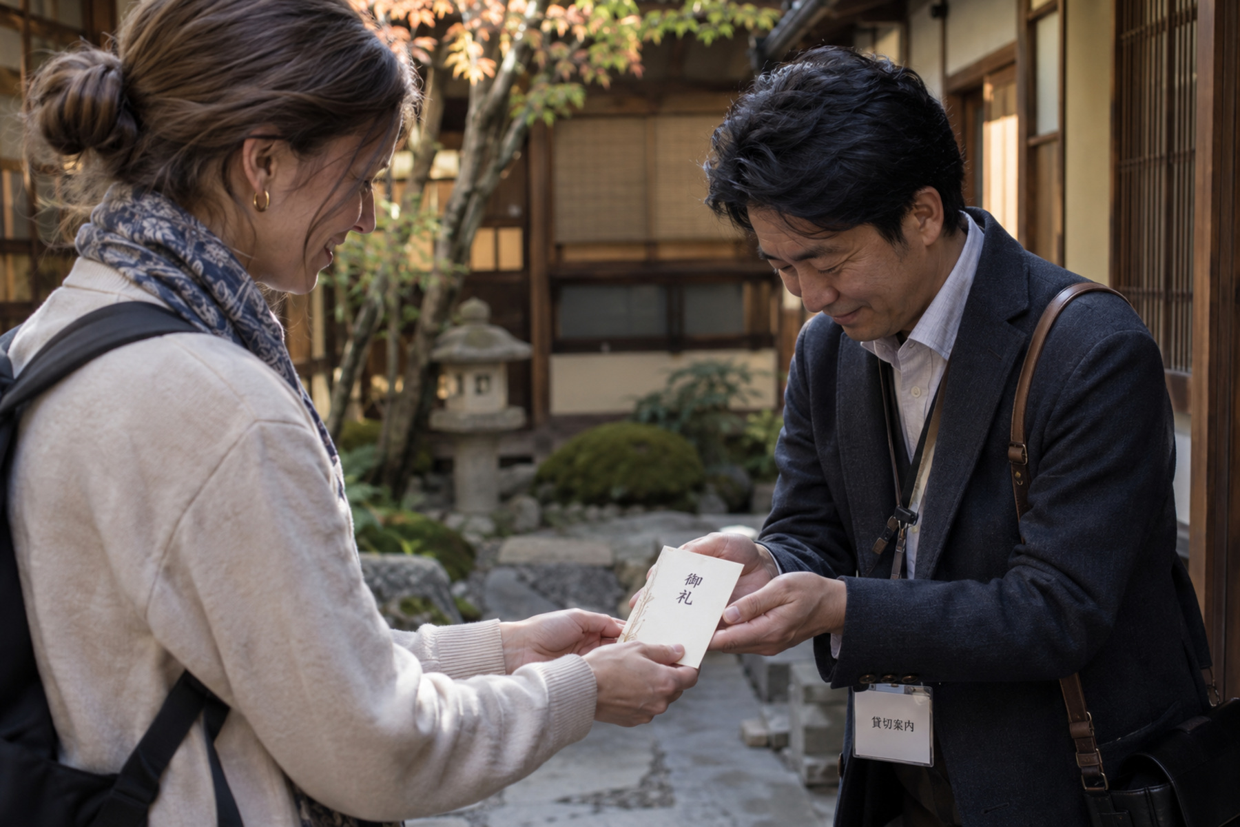 Traveler discreetly offering a thank-you envelope to a private guide after a tour