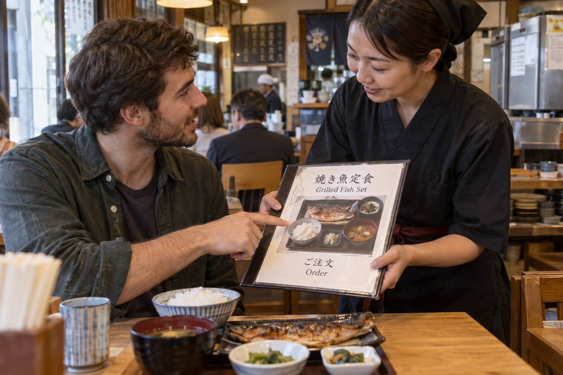 Traveler confirming a grilled fish set from a bilingual menu with restaurant staff