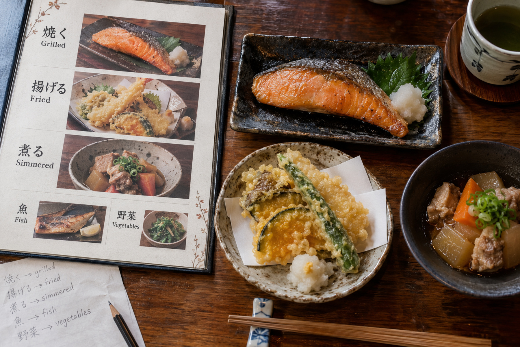 Japanese menu terms for grilled, fried and simmered beside salmon, tempura and a simmered dish