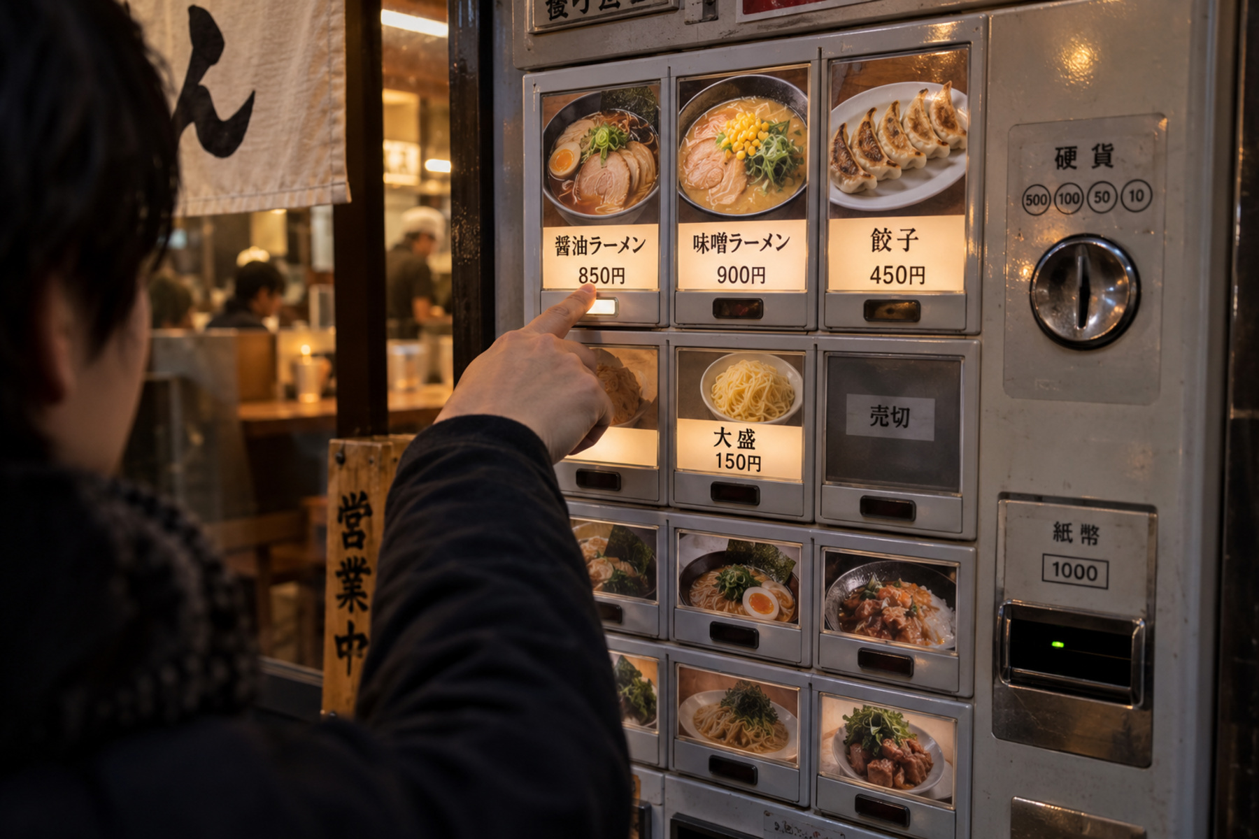 Traveler selecting ramen from a Japanese meal-ticket machine with labeled dish buttons