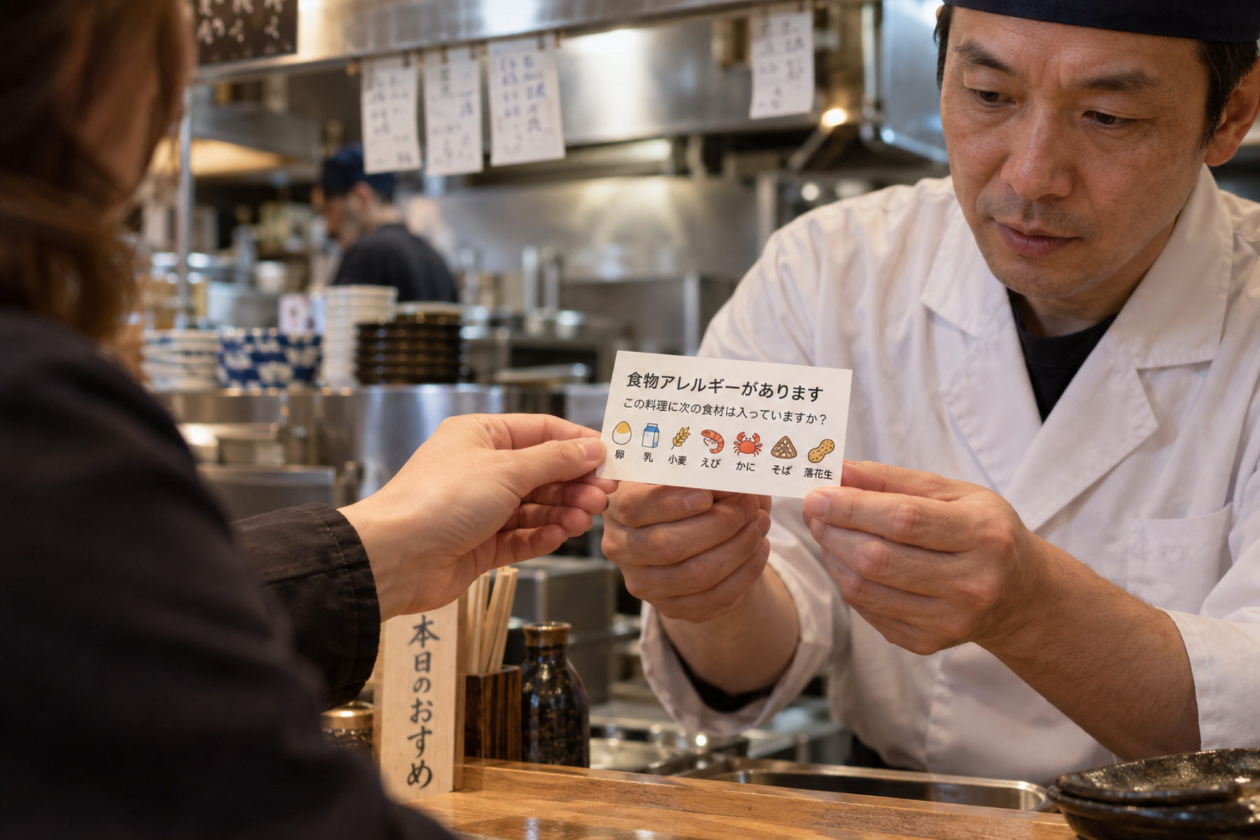 Restaurant staff reading a Japanese food-allergy communication card listing common allergens