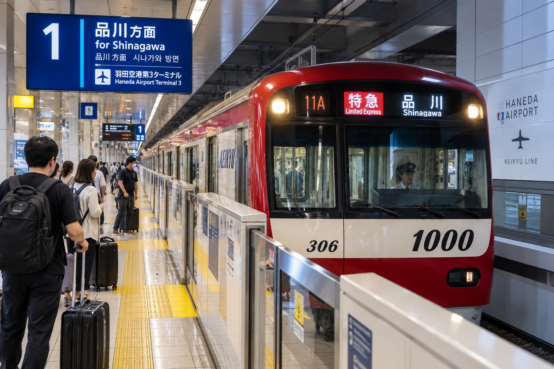 Keikyu train at Haneda Airport platform displaying Shinagawa