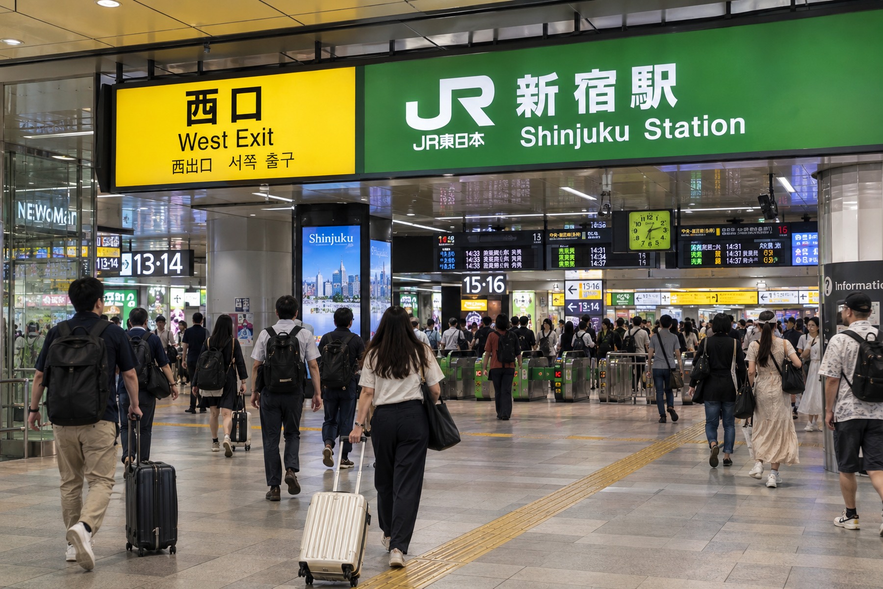 Travelers with luggage inside Shinjuku Station near the West Exit