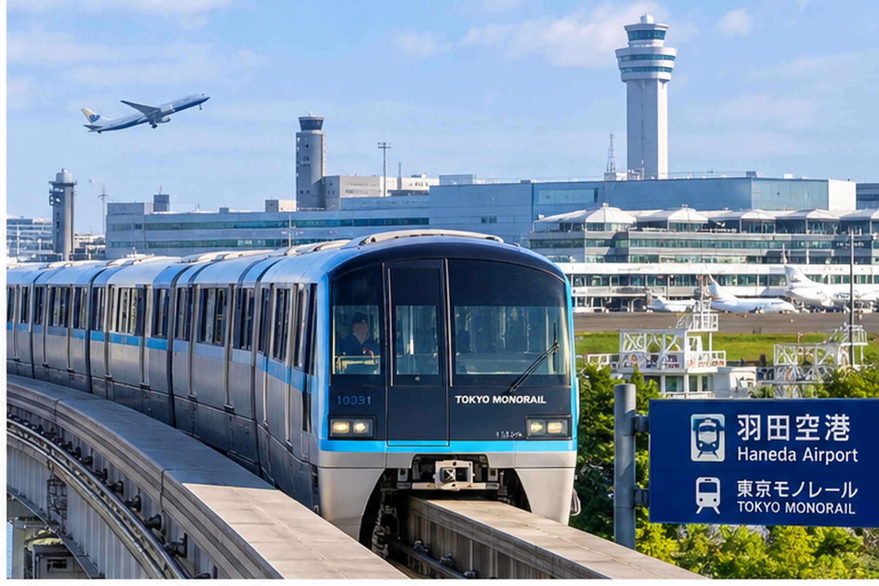 Tokyo Monorail near Haneda Airport with airport terminals in the background