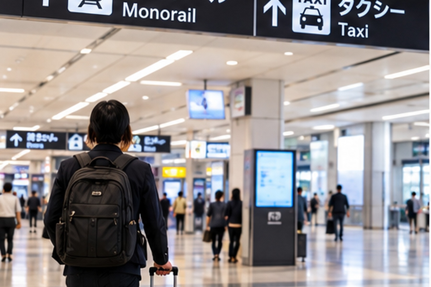Traveler following transport signs inside Haneda Airport with a rolling suitcase