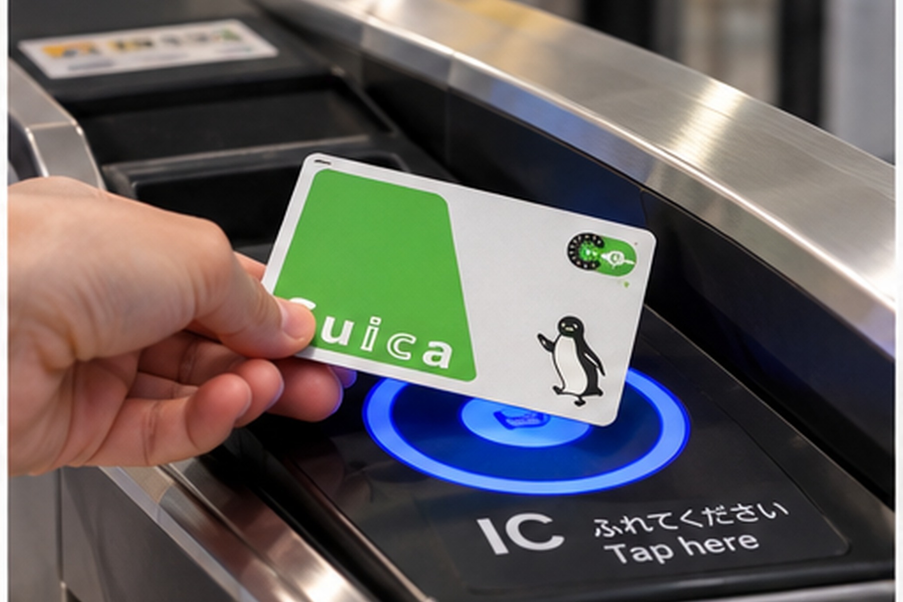 Hand tapping a Suica card on an IC ticket gate reader