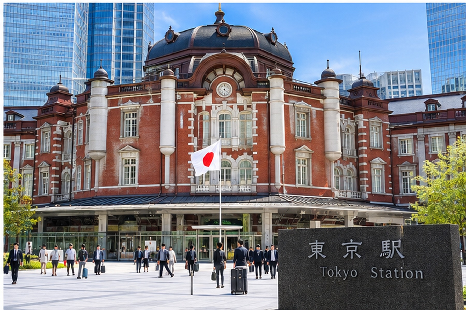 Tokyo Station Marunouchi red-brick building with travelers outside
