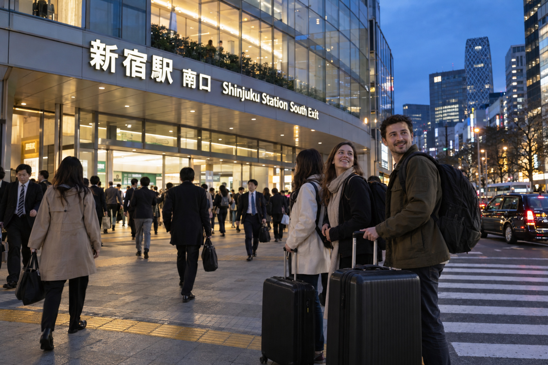 Travelers with luggage outside Shinjuku Station South Exit at dusk