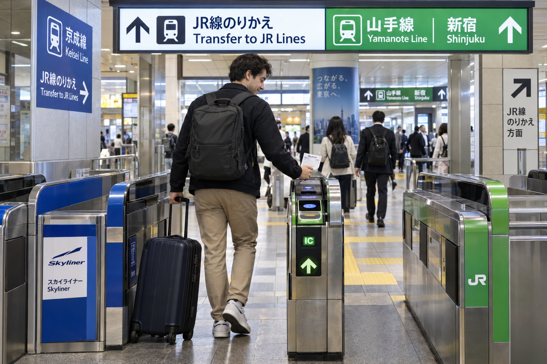 Traveler transferring from Keisei to the JR Yamanote Line for Shinjuku at Nippori