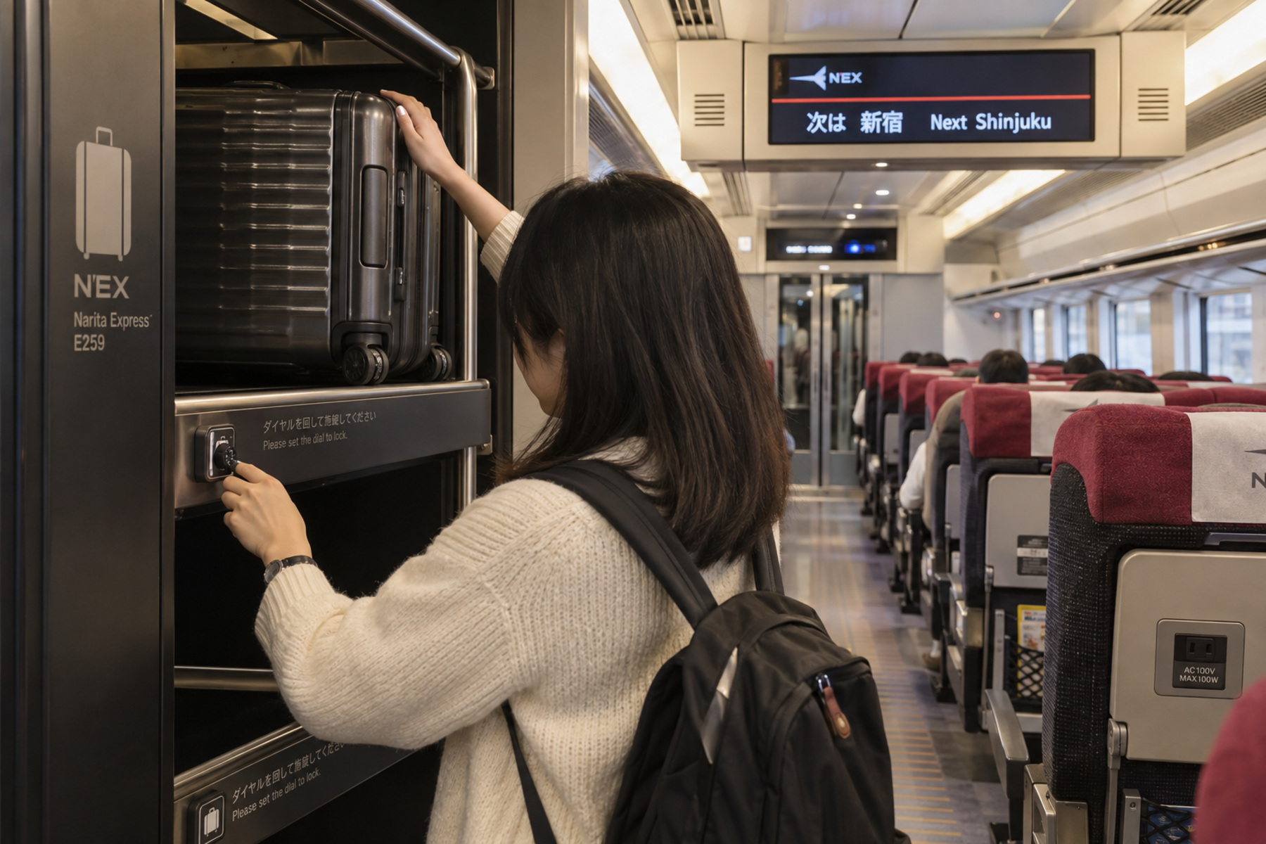 Traveler securing a suitcase in the Narita Express luggage area