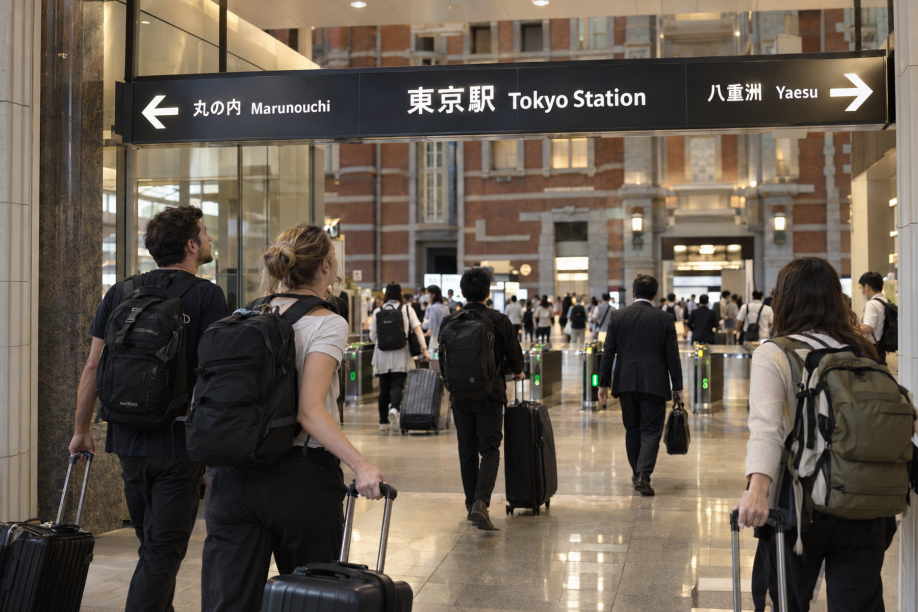 Travelers with luggage checking Marunouchi and Yaesu signs at Tokyo Station