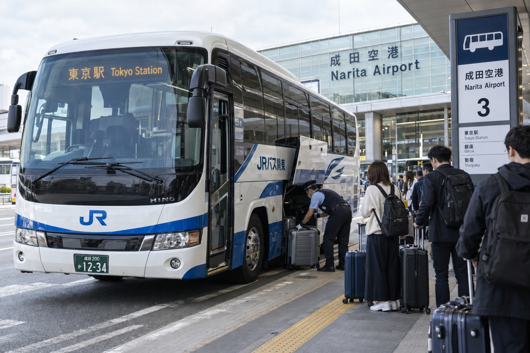 Airport bus for Tokyo Station loading luggage at Narita Airport