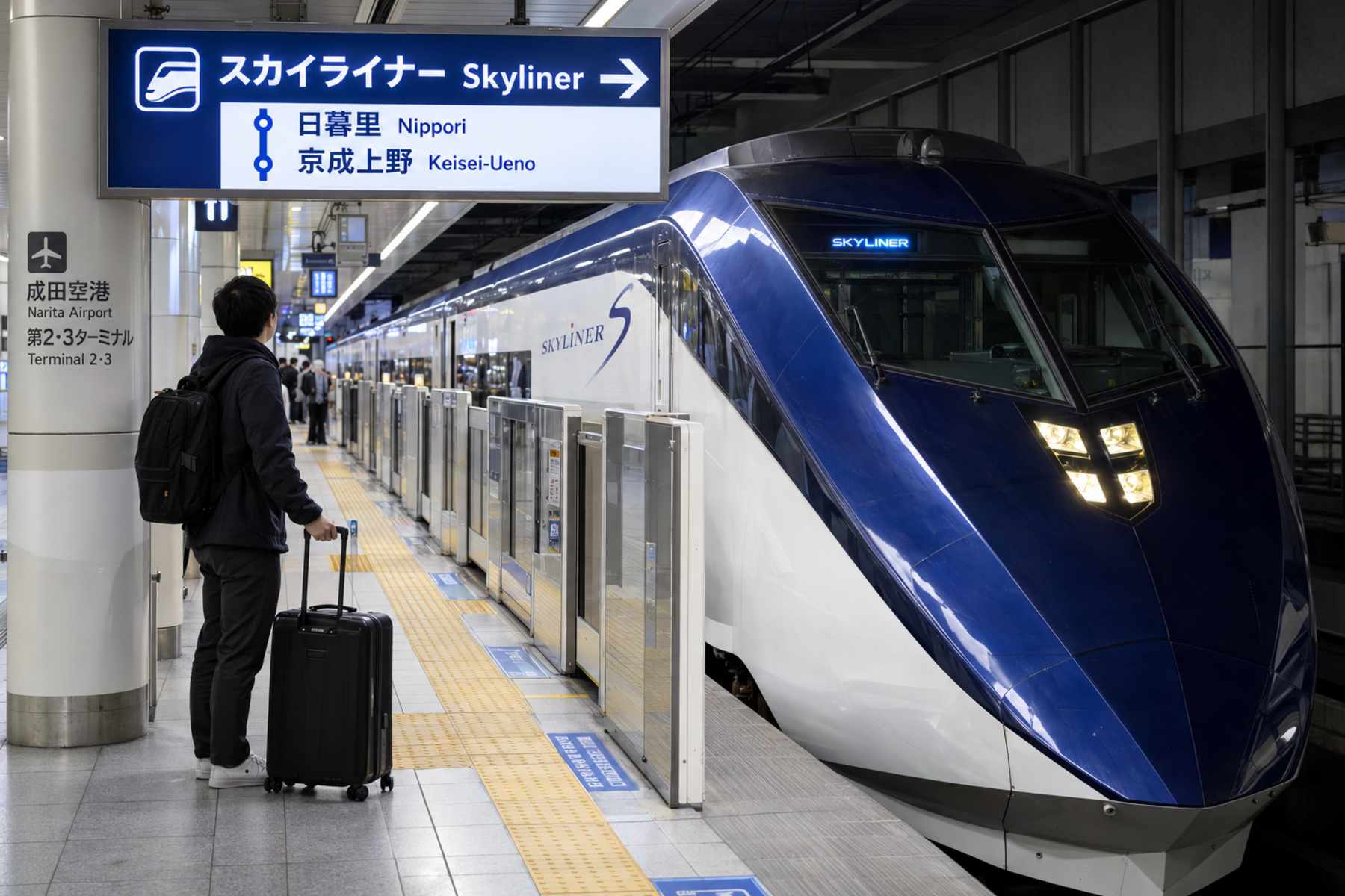 Keisei Skyliner platform sign for Nippori and Keisei-Ueno