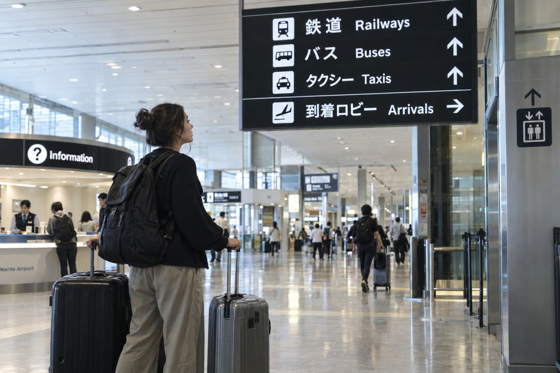 Traveler checking railway, bus and taxi signs in Narita Airport arrivals